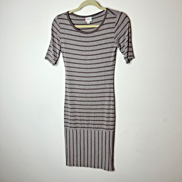 Julia Midi Gray-Stripe Short Sleeve Pullover Stretch Bodycon Dress XXS - Picture 1 of 11